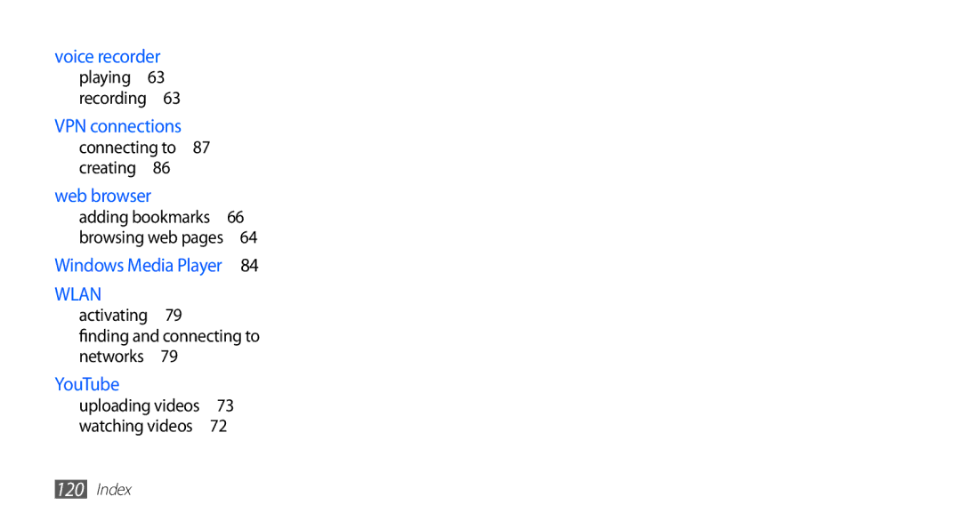 Samsung YP-GS1 user manual Web browser, Connecting to 87 creating  